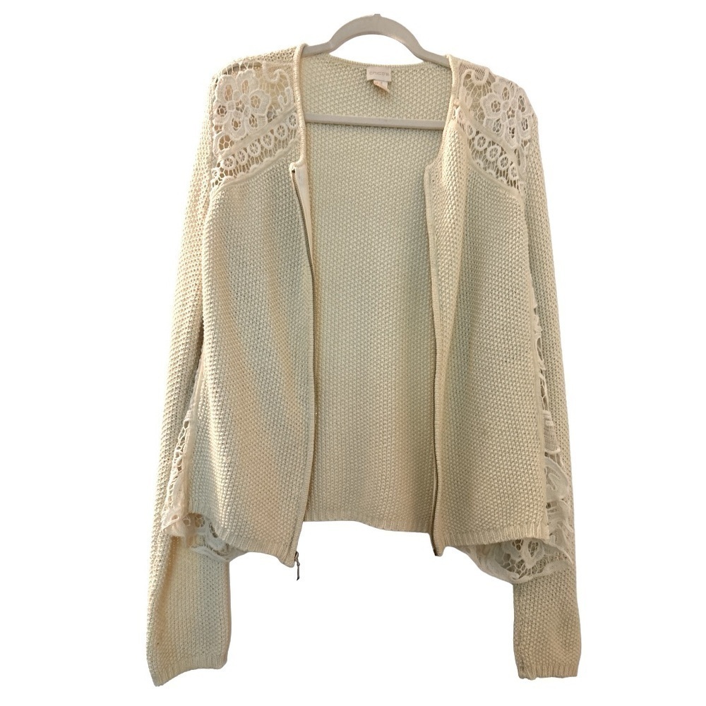 CHICO'S sweater, cream color, front zip, lace inlays on the shoulders and sides.